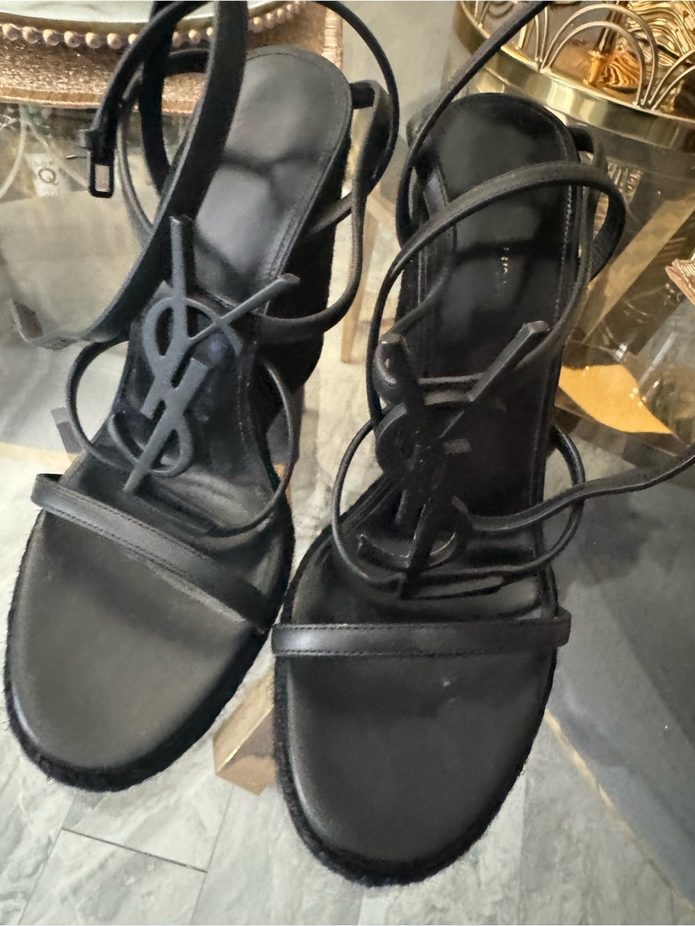 Saint Laurent Black Leather Logo Lace-Up Wedge Sandals